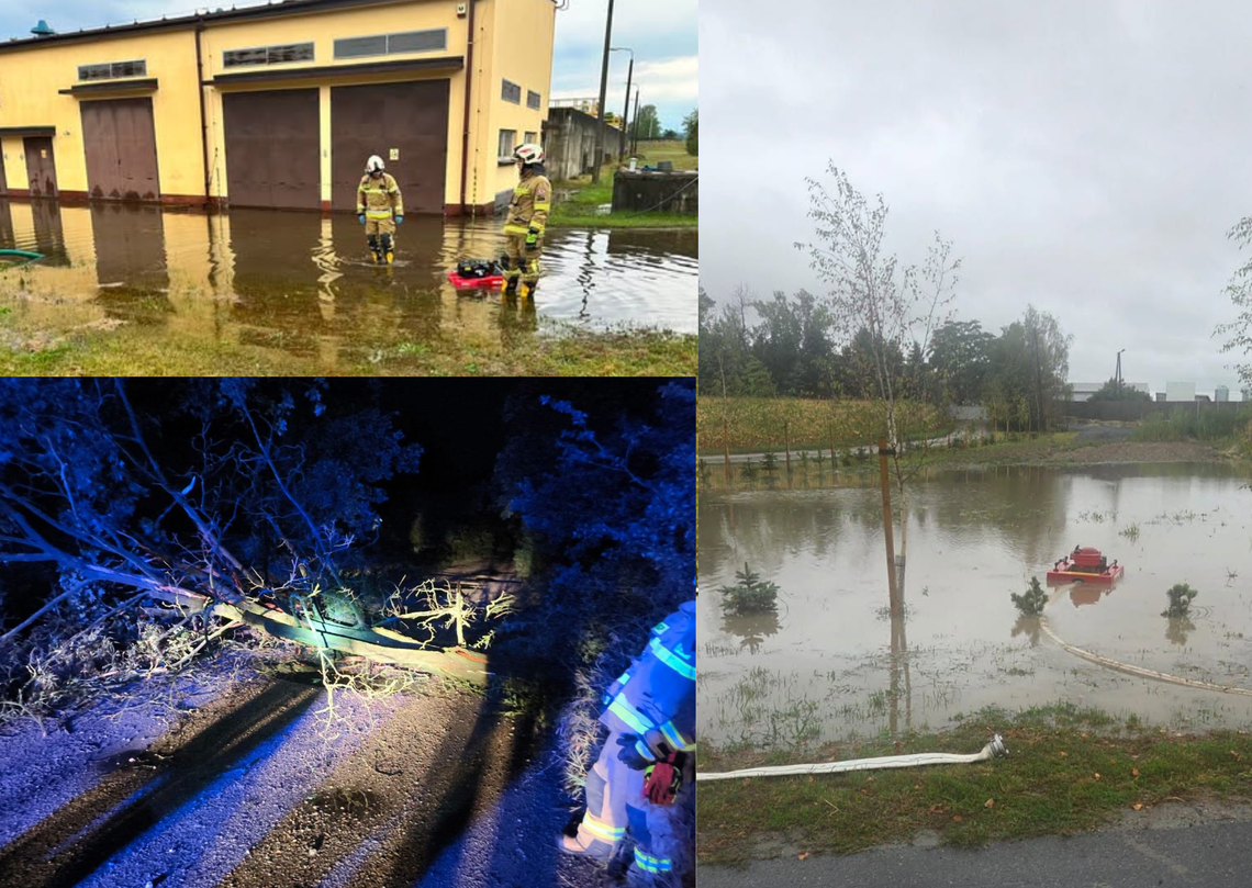 Oberwanie chmury w powiecie krapkowickim. Zalane ulice, domy i oczyszczalnia ścieków Zalana ulica w Krapkowicach po gwałtownej ulewie oraz strażacy prowadzący wypompowywanie wody z podtopionych terenów.