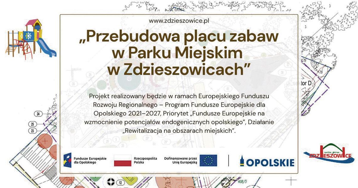 Wizualizacja modernizacji Parku Miejskiego w Zdzieszowicach z nowymi strefami rekreacji i placem zabaw.