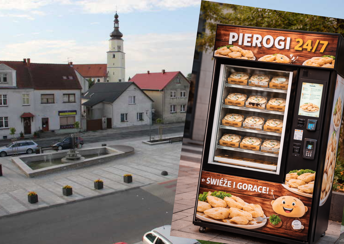 Automat z pierogami „pierogomat” w gminie Strzeleczki – urządzenie sprzedające gorące pierogi przez całą dobę