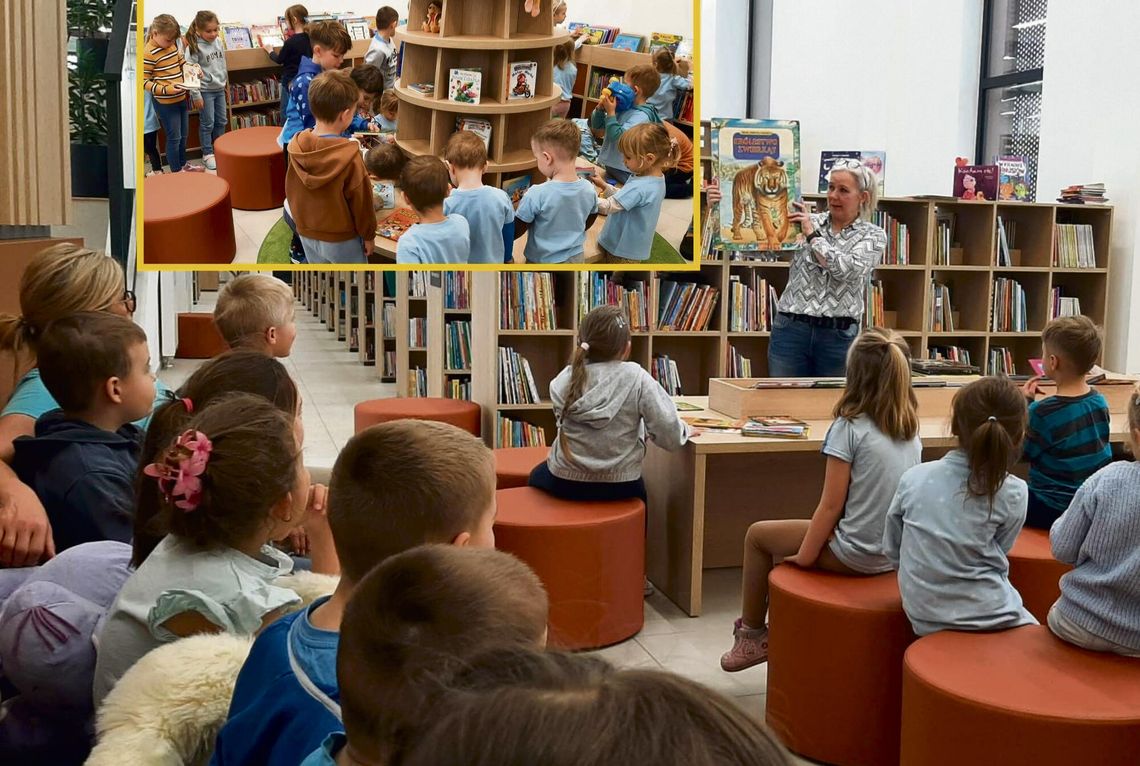 Pierwsza wizyta przedszkolaków z PP nr 6 w bibliotece! Zabawa z Brzechwą i odkrywanie świata książek Przedszkolaki bawiące się w kąciku dziecięcym biblioteki w Zdzieszowicach