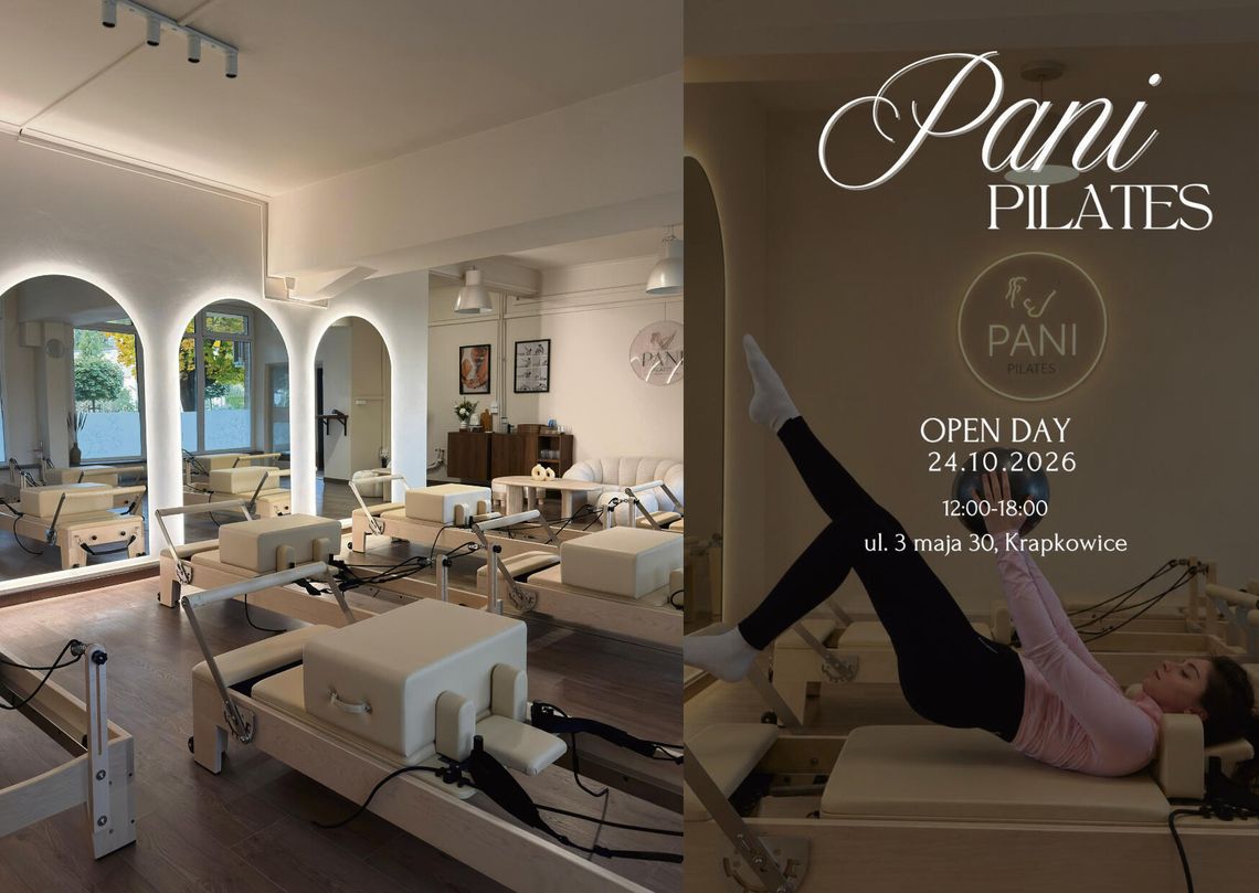 Pilates na reformerach w Krapkowicach. Pani Pilates zaprasza na dzień otwarty Wnętrze studia Pani Pilates w Krapkowicach z nowoczesnymi reformerami przygotowanymi do treningu.
