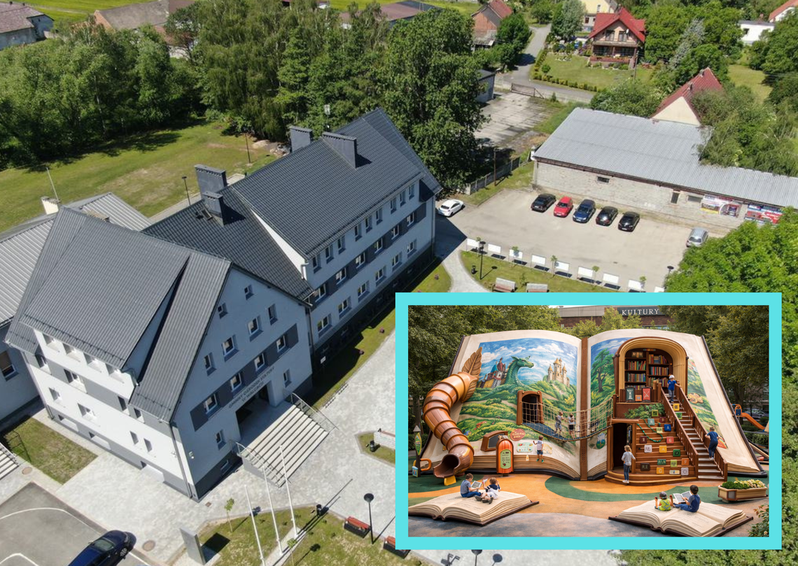 Projekt placu zabaw w kształcie otwartej książki przy Centrum Kultury i Czytelnictwa w gminie Walce