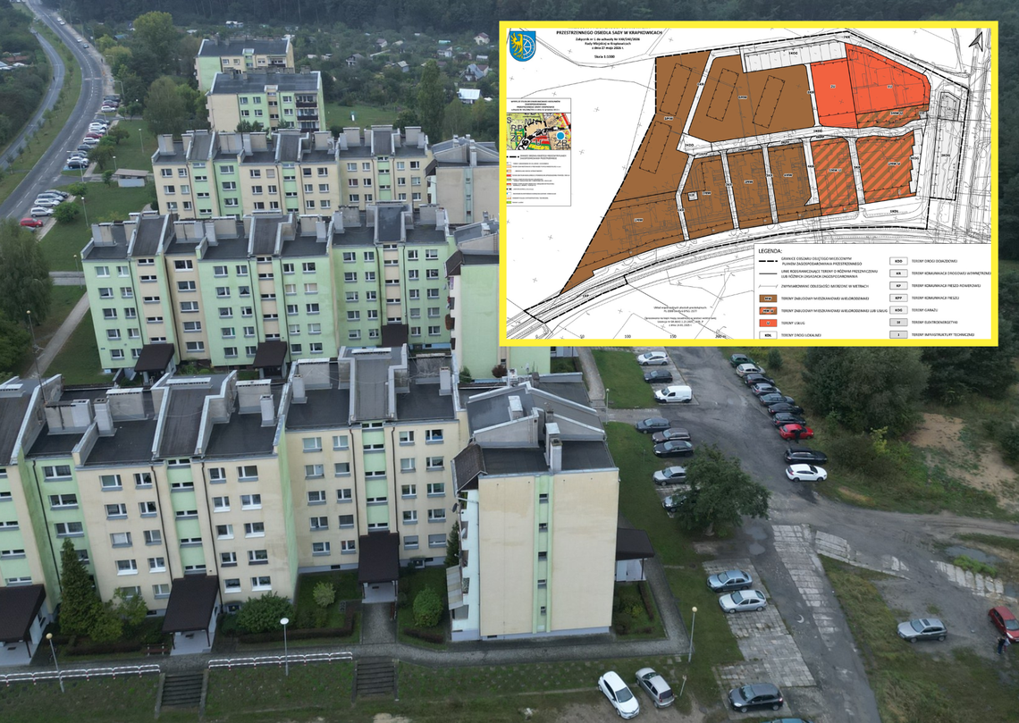 Osiedle Sady w Krapkowicach z blokami mieszkalnymi i terenami przeznaczonymi pod nową zabudowę, objęte miejscowym planem zagospodarowania przestrzennego.