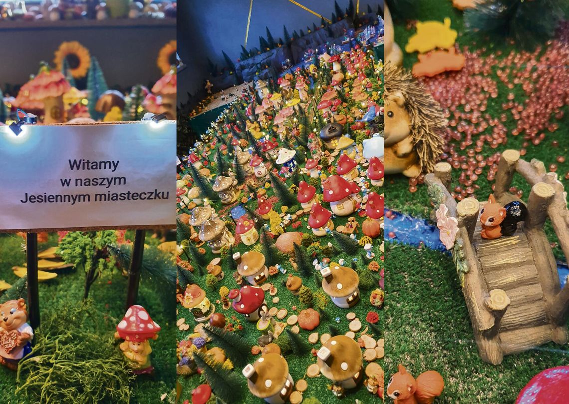 Jesienna makieta Krzysztofa Janiszewskiego w Górażdżach z miniaturowymi domkami, leśnymi zwierzętami i bajkowymi scenami.