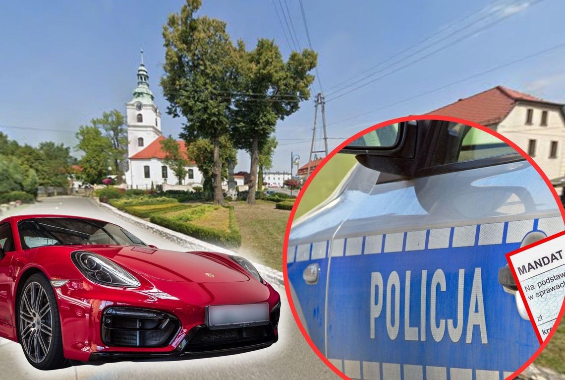 Policjant drogówki kontroluje prędkość pojazdów na drodze, radiowóz w tle