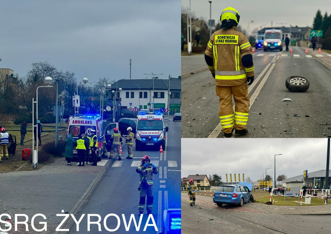 Strażacy i ratownicy medyczni podczas akcji po wypadku samochodowym na ul. Góry św. Anny w Zdzieszowicach.