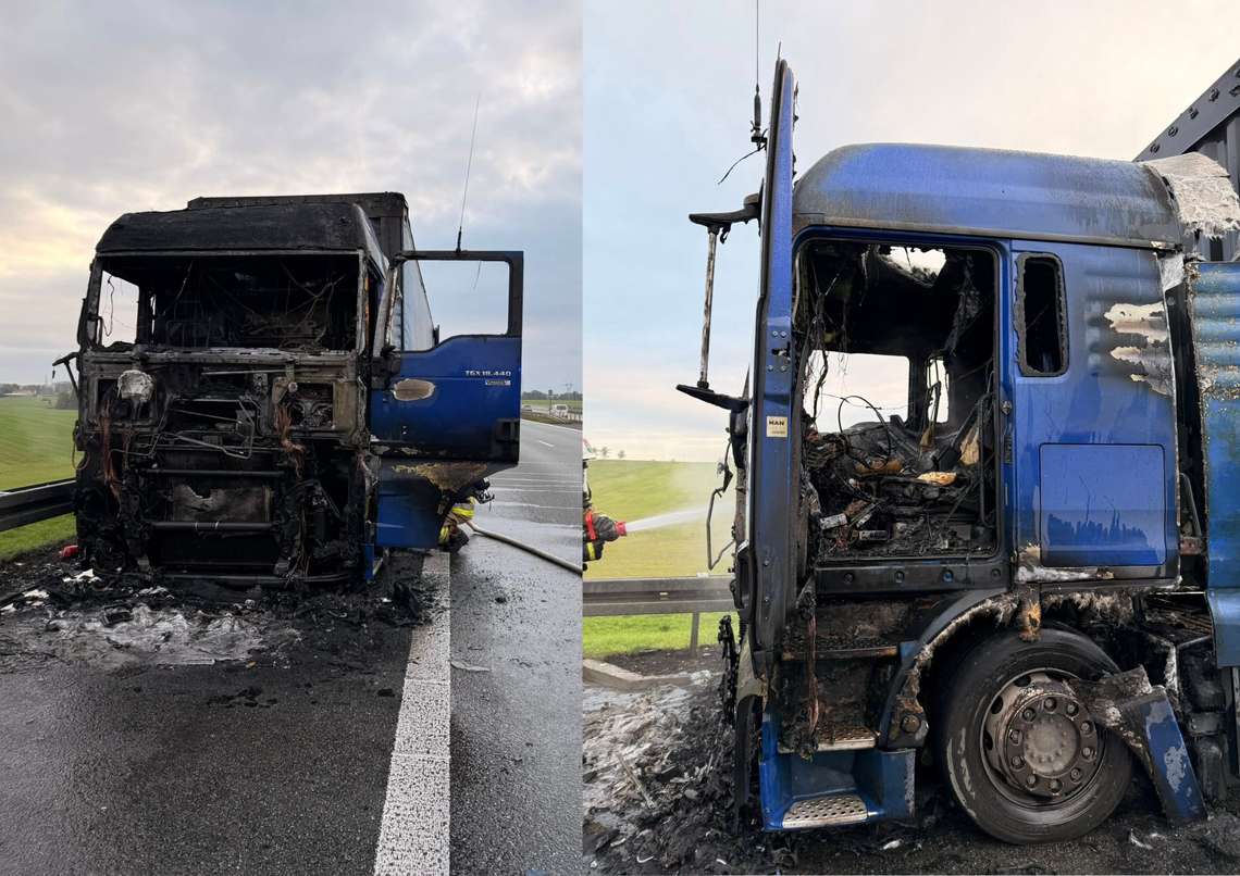 na zdjęciu Samochód ciężarowy pżarna autostradzie A4 koło Góry Świętej Anny – akcja strażaków