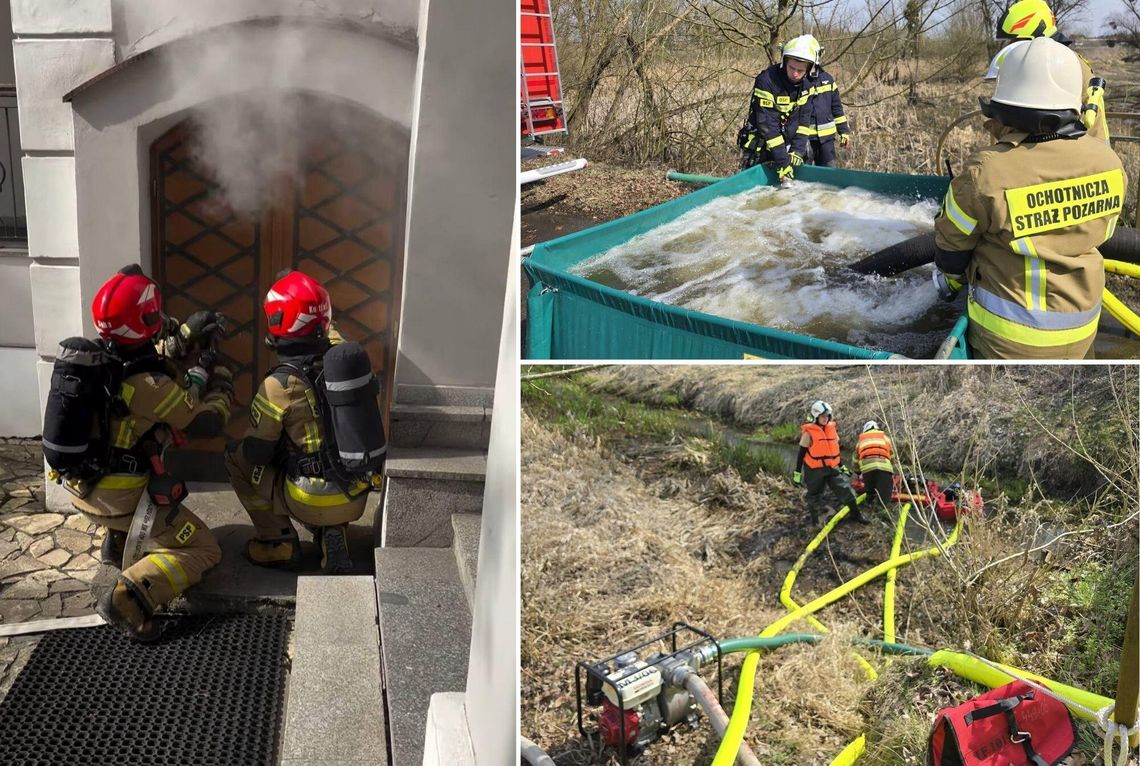 Strażacy OSP i PSP podczas ćwiczeń ratowniczo-gaśniczych na terenie zamku w Rogowie Opolskim