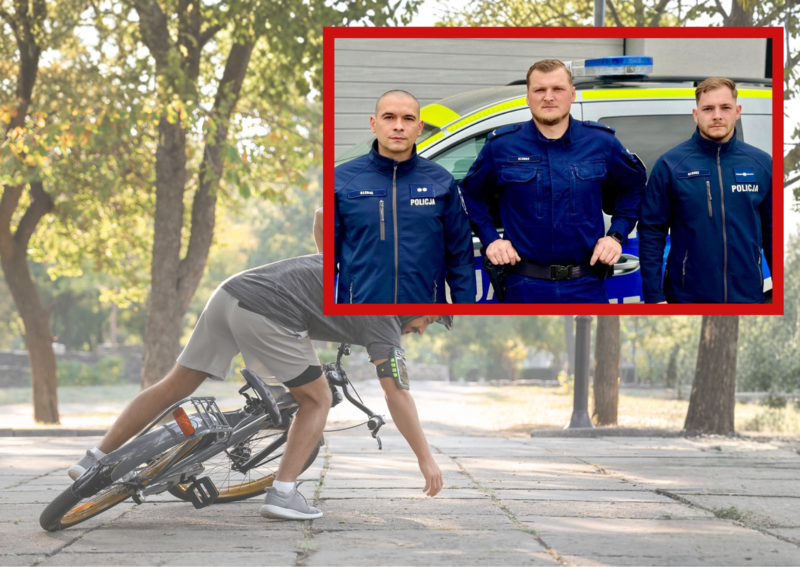 Policjanci udzielają pomocy rowerzyście po ataku epilepsji na ulicy w Krapkowicach