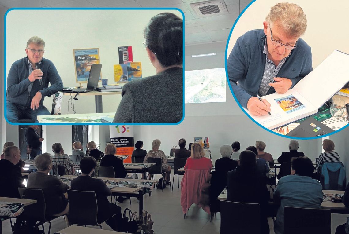 Śląska literatura i Himalaje! Peter Bienia spotkał się z czytelnikami w Zdzieszowicach Peter Bienia podczas spotkania autorskiego w Bibliotece Publicznej w Zdzieszowicach, prezentujący zdjęcia z wyprawy na Island Peak.