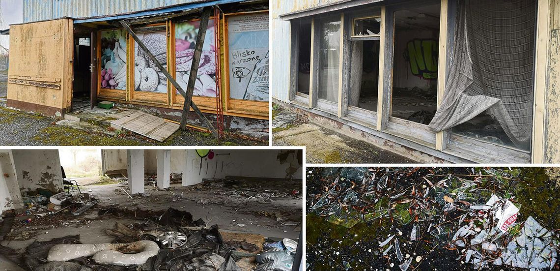 Opuszczony i niebezpieczny budynek dawnego sklepu w centrum Gwoździc – przegniłe stropy i brak ogrodzenia stwarzają zagrożenie dla mieszkańców