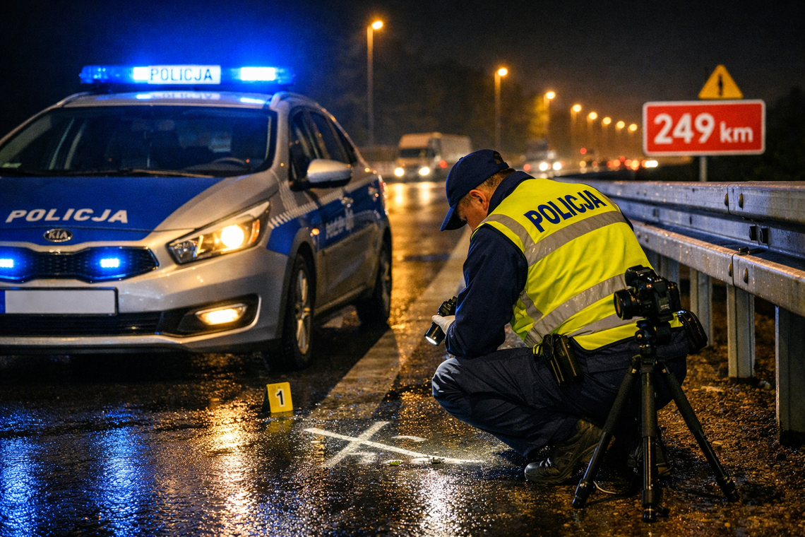 Śmiertelne potrącenie na A4. 39-latek wysiadł z auta po awarii opony i zginął pod kołami samochodu Służby na miejscu śmiertelnego wypadku na autostradzie A4. Policjanci zabezpieczają miejsce zdarzenia po potrąceniu pieszego przy zatrzymanym samochodzie.
