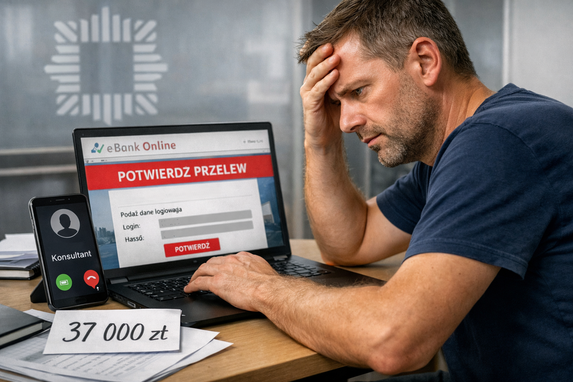 Ilustracja ostrzeżenia przed oszustwami internetowymi – fałszywy link i próba wyłudzenia danych bankowych podczas sprzedaży online.