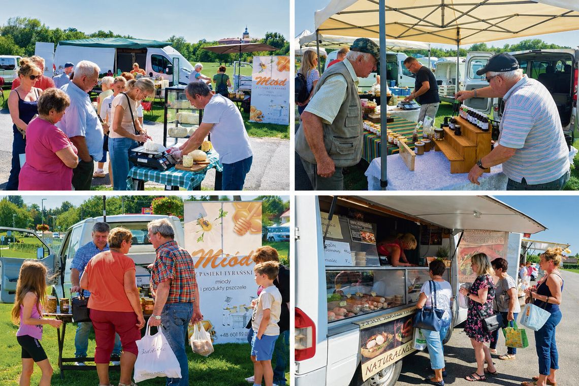 Stoisko z regionalnymi produktami na „Straganiku” w Krapkowicach: świeże warzywa, miody, sery i domowe wyroby od lokalnych producentów.