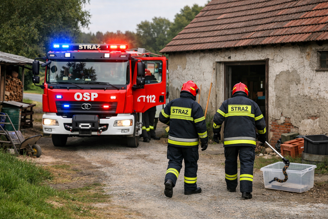 Strażacy z Brożca usunęli żmiję z gospodarstwa! Sześciu druhów w akcji Strażacy OSP Brożec odławiają żmiję z budynku gospodarczego podczas interwencji 26 czerwca