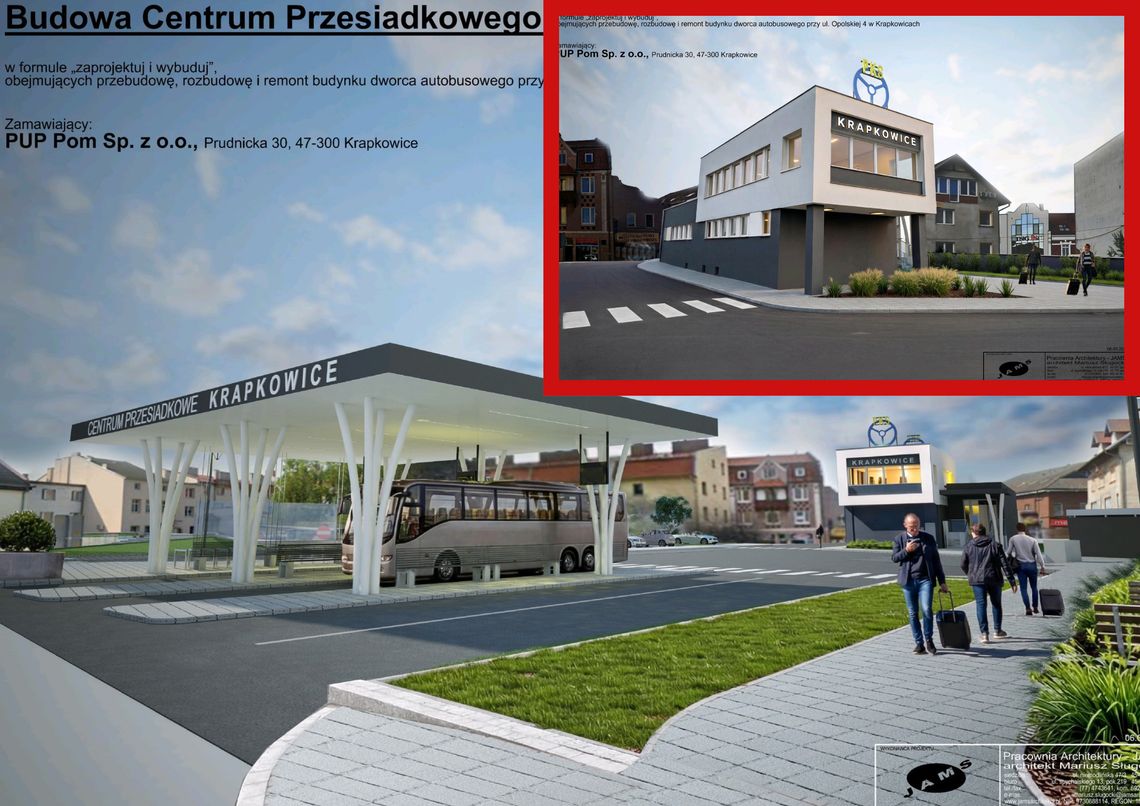 Wizualizacja nowego centrum przesiadkowego i przebudowanego dworca autobusowego w Krapkowicach z peronami i strefą parkingową