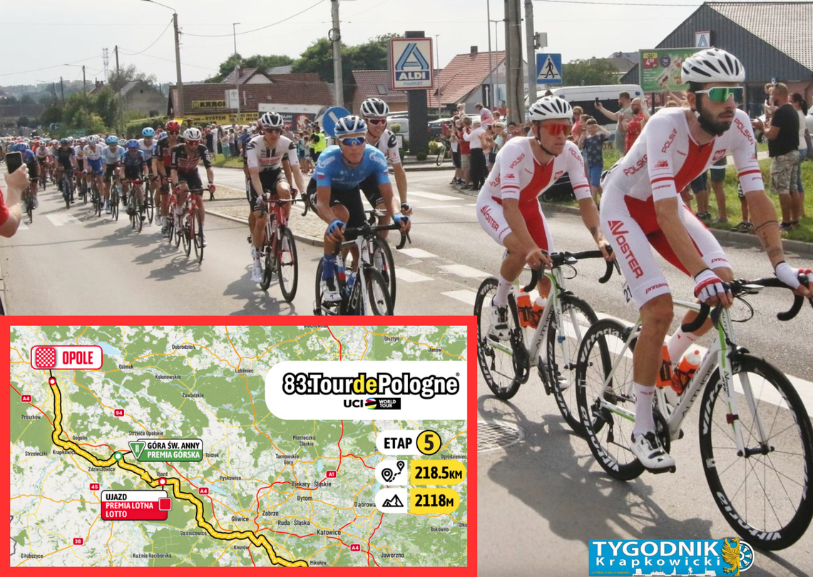 Peleton Tour de Pologne przejeżdżający przez Krapkowice podczas wyścigu kolarskiego na Opolszczyźnie