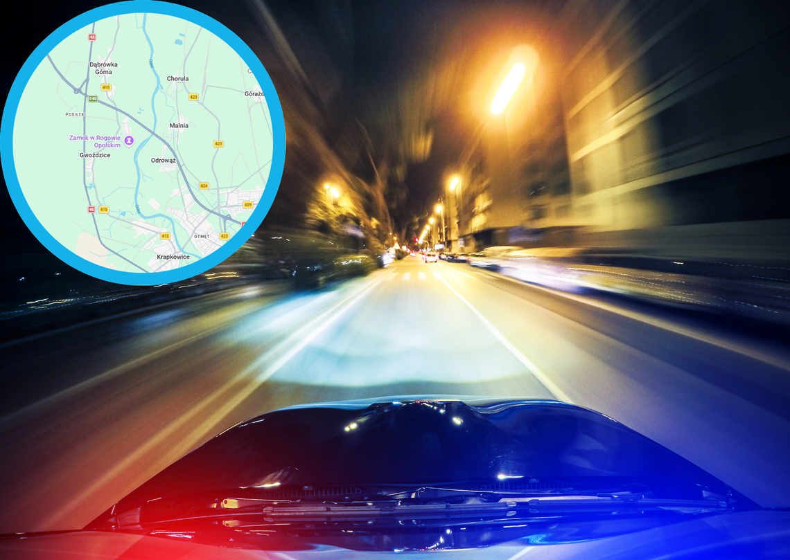 Uciekał przed policją, uderzył w radiowóz i wpadł do rowu. Miał prawie 1,5 promila Policyjny pościg na DK 45 w Gwoździcach – radiowóz podczas działań krapkowickiej policji