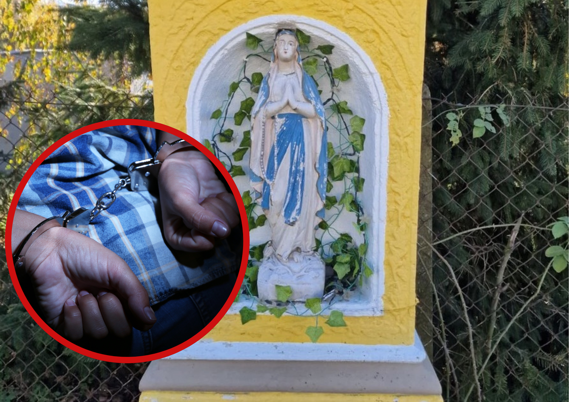 Ukradł figurkę Matki Boskiej, by zrobić domowy ołtarzyk. Były ministrant z powiatu krapkowickiego złapany i ukarany na zdjęciu Kapliczka w Ciesznowie, z której skradziono figurkę Matki Boskiej Ciesznowskiej i złodziej w kajdankach.