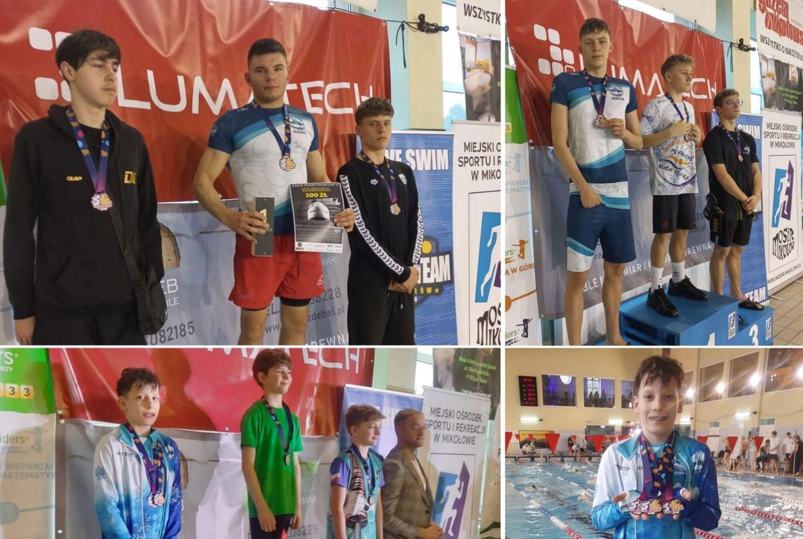 Zawodnicy UKS Delfin Krapkowice na podium podczas pływackich zawodów Aqua Team Swim Cup V w Mikołowie, zdobywający złote i srebrne medale.