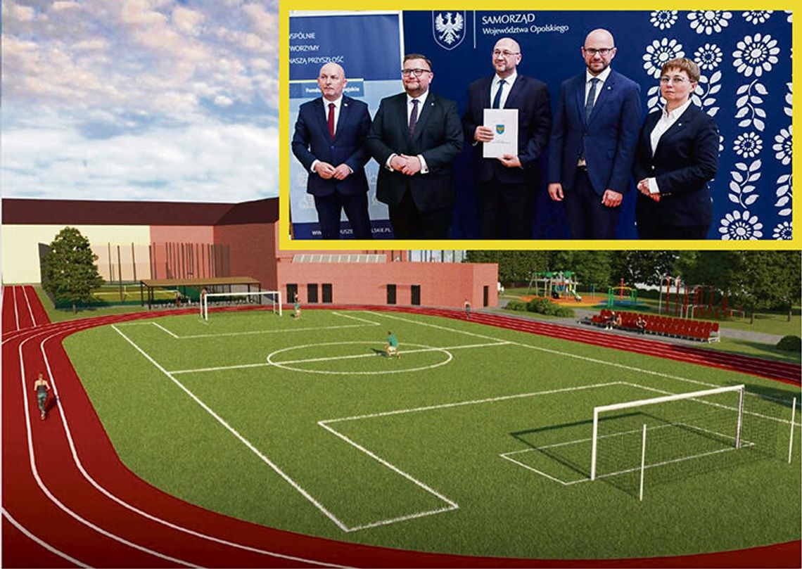 Wizualizacja nowego kompleksu sportowego w Walcach z boiskiem, bieżnią i placem zabaw