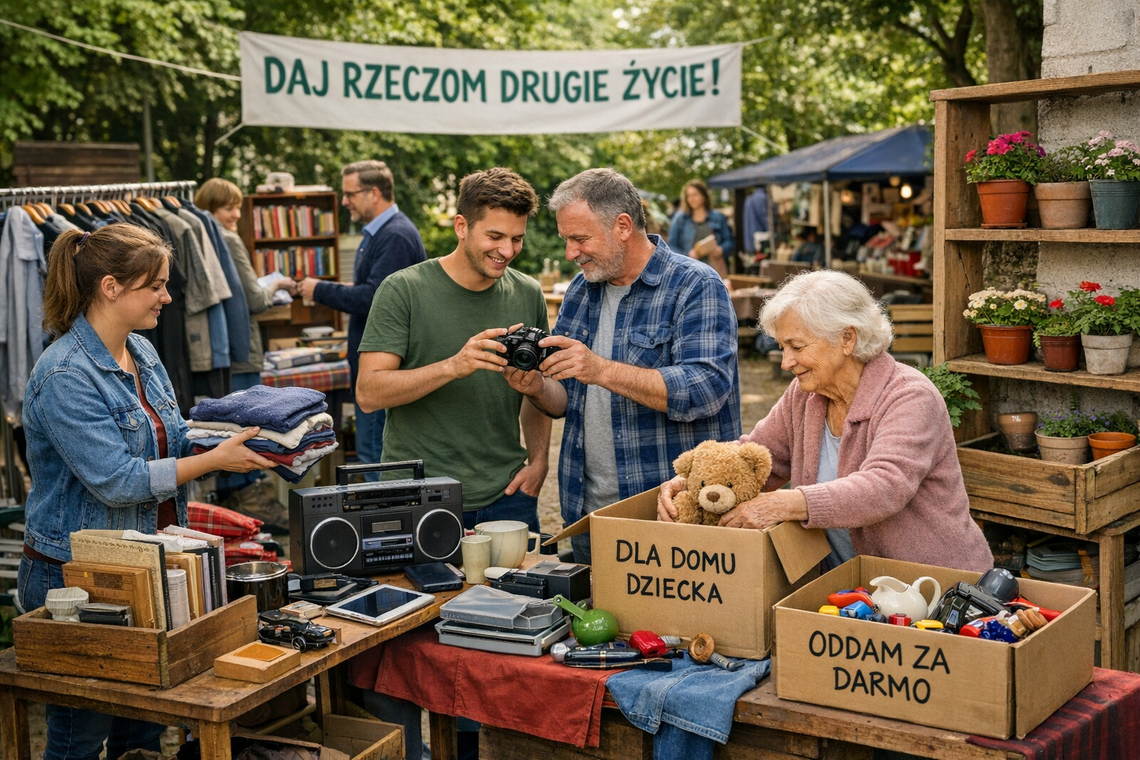 Stare ubrania, książki i sprzęty posegregowane podczas wiosennych porządków, przygotowane do oddania lub recyklingu