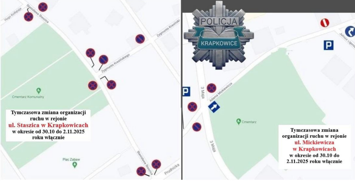 Wszystkich Świętych 2025: zmiany w organizacji ruchu w Krapkowicach i powiecie mapa zmian organizacji ruchu w Krapkowicach wszystkich świętych 1 listopada 2025