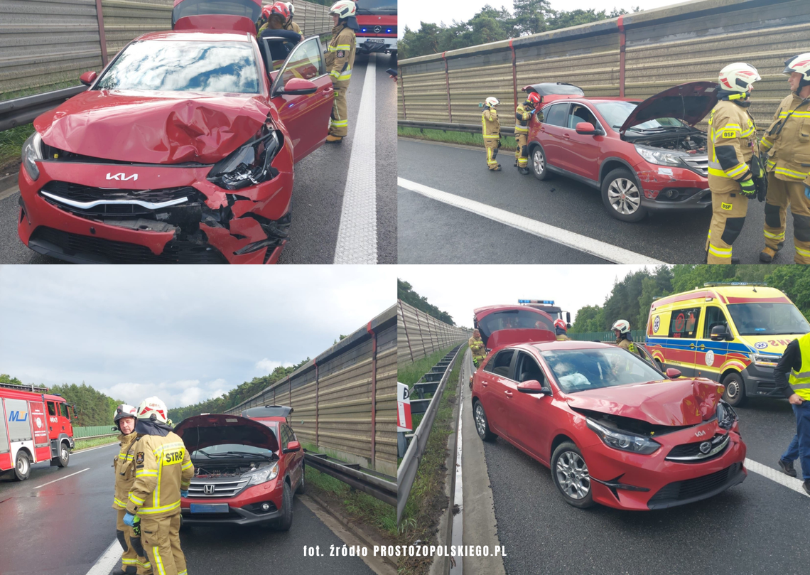 Rozbite samochody osobowe po wypadku na autostradzie A4 w powiecie krapkowickim. Na miejscu pracują strażacy, policjanci i ratownicy medyczni.