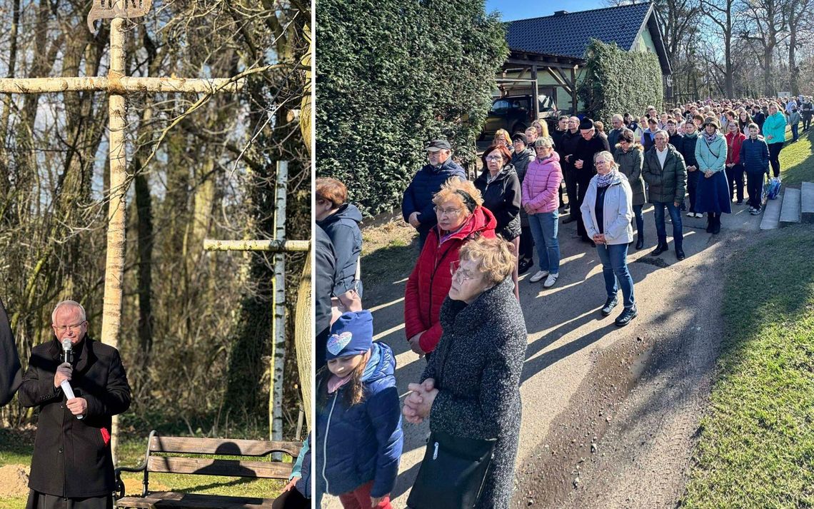 Droga krzyżowa ulicami Dobrej – wierni niosą krzyż i uczestniczą w nabożeństwie przy dźwiękach orkiestry