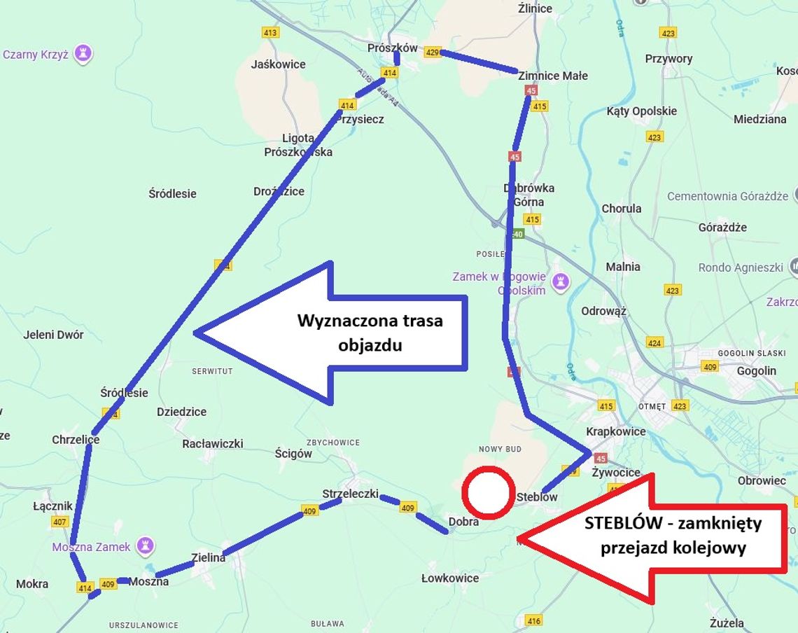 Zamknięty przejazd w Steblowie sparaliżuje ruch? ZDW wyznacza objazd przez "pół" województwa Na zdjęciu mapa obajzdu Zamknięty przejazd kolejowy w Steblowie – objazd przez Prószków i Moszną, korki i utrudnienia w ruchu
