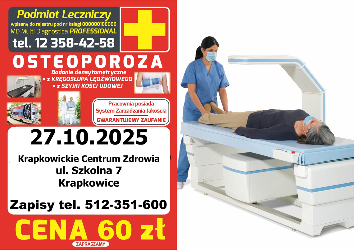 Zbadaj swoje kości w Krapkowicach! Osteobus przyjedzie 27 października – badanie osteoporozy za 60 zł