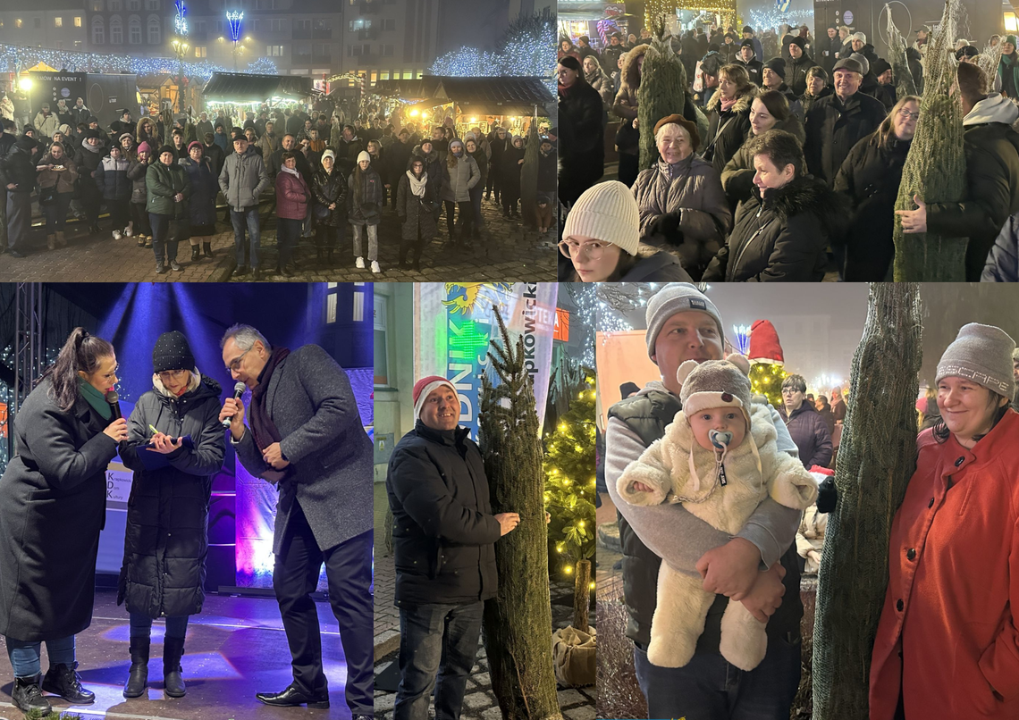 Na zdjęciu Finał akcji „Zdobądź choinkę z Tygodnikiem Krapkowickim” na rynku w Krapkowicach – mieszkańcy odbierają świąteczne choinki.