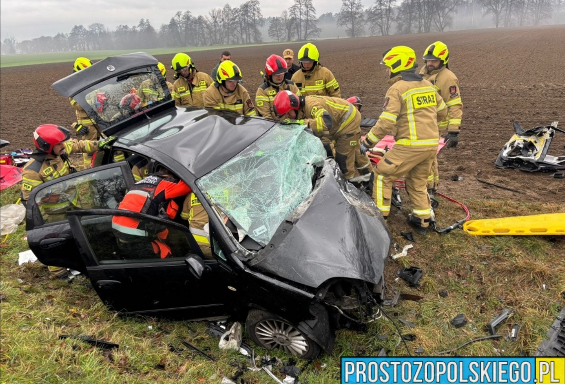 Na zdjęciu Zniszczone samochody i działania służb na miejscu wypadku w miejscowości Dobra na DW409