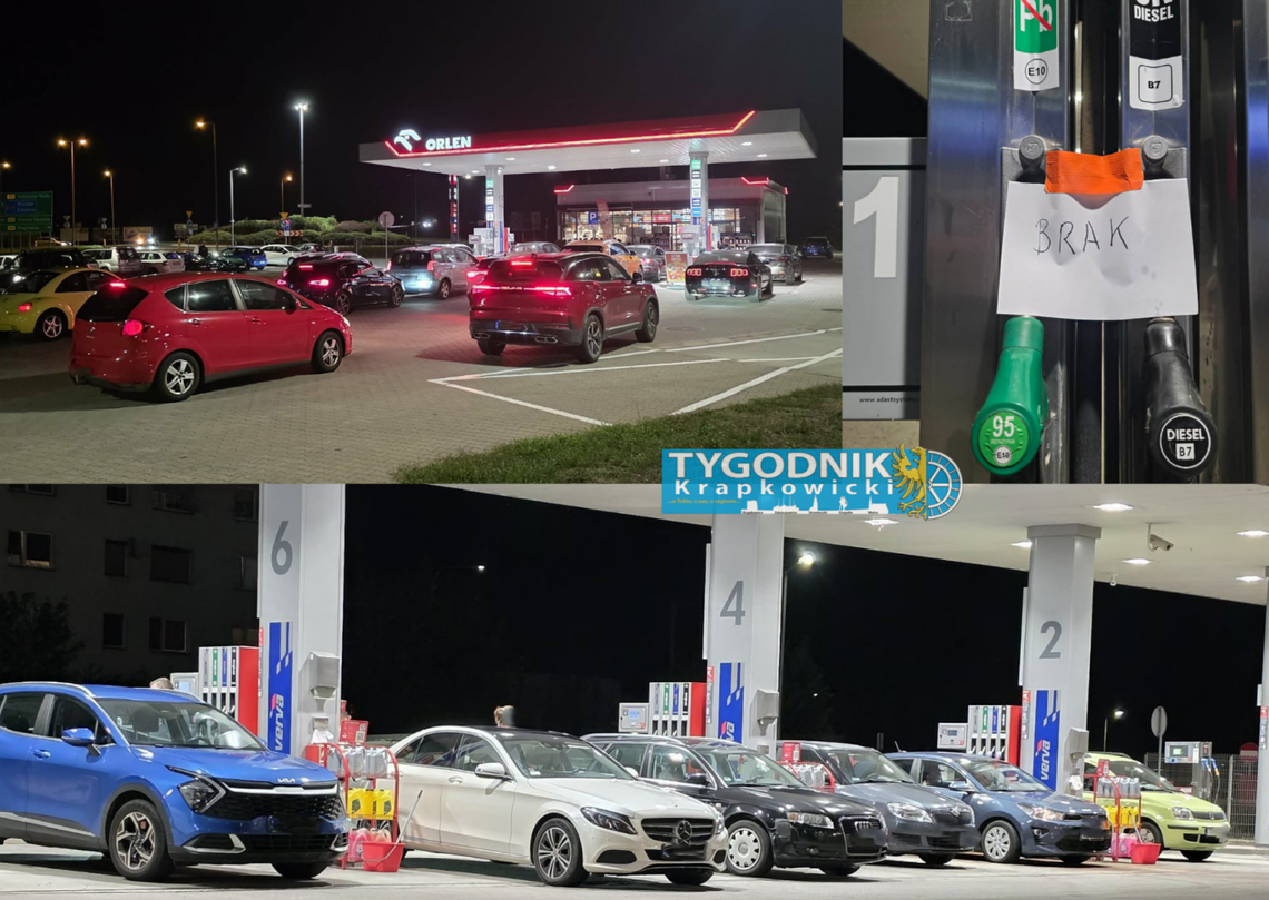 Kolejka samochodów przy dystrybutorach na stacji paliw w Krapkowicach przed podwyżką cen od 1 września