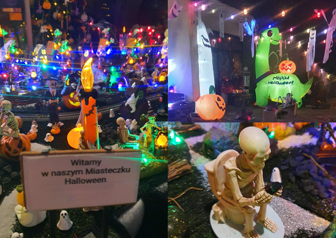 na zdjęciu Makieta „Miasteczko Halloween” w barze Kwiat Lotosu w Górażdżach z duchami i dyniami