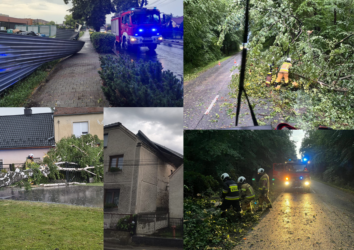 Strażacy usuwają powalone drzewo z drogi po burzy w powiecie krapkowickim, w tle wóz strażacki OSP