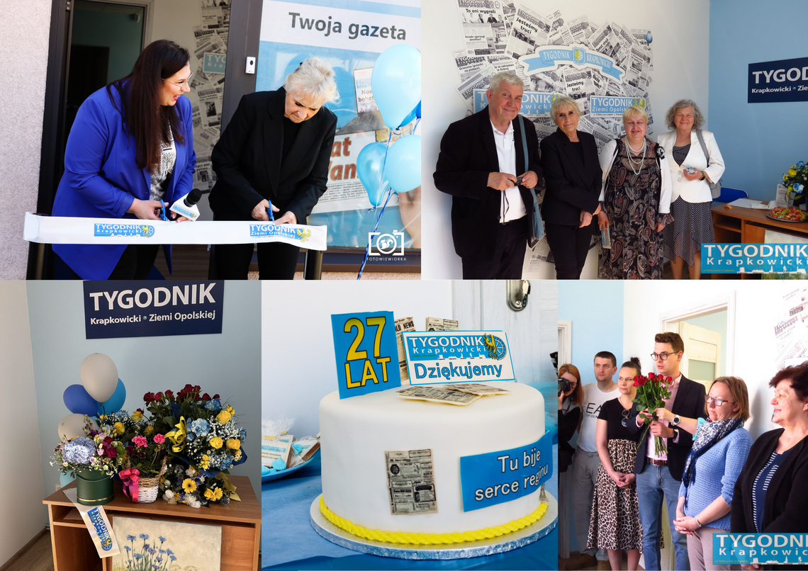 Symboliczne przecięcie wstęgi podczas otwarcia nowej siedziby redakcji Tygodnika Krapkowickiego i Tygodnika Ziemi Opolskiej Joanna Dominika Bassek przy ul. Opolskiej 50