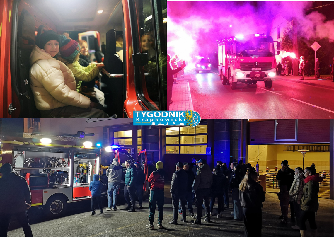 Nowe pojazdy ratownicze OSP Stradunia: lekki samochód bojowy i auto drabina podczas oficjalnego powitania przed remizą