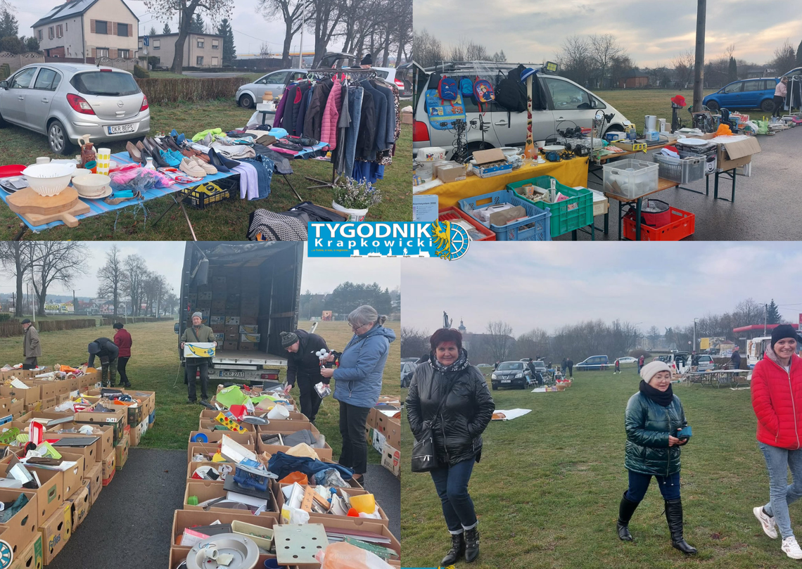 Pchli targ na placu Eichendorffa w Krapkowicach – stoiska ze starociami, książkami i winylami oraz tłumy odwiedzających.