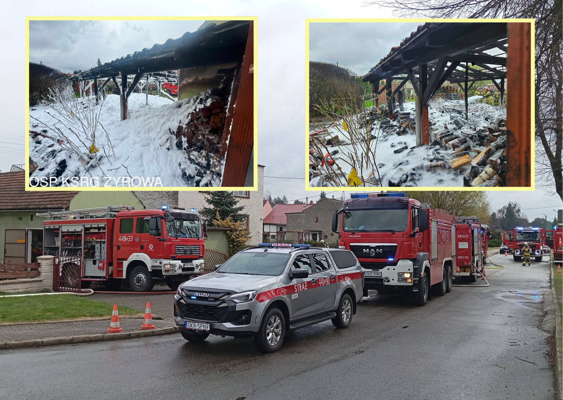 Strażacy gaszą pożar wiaty ze składowanym drewnem przy ulicy Miarki w Zdzieszowicach