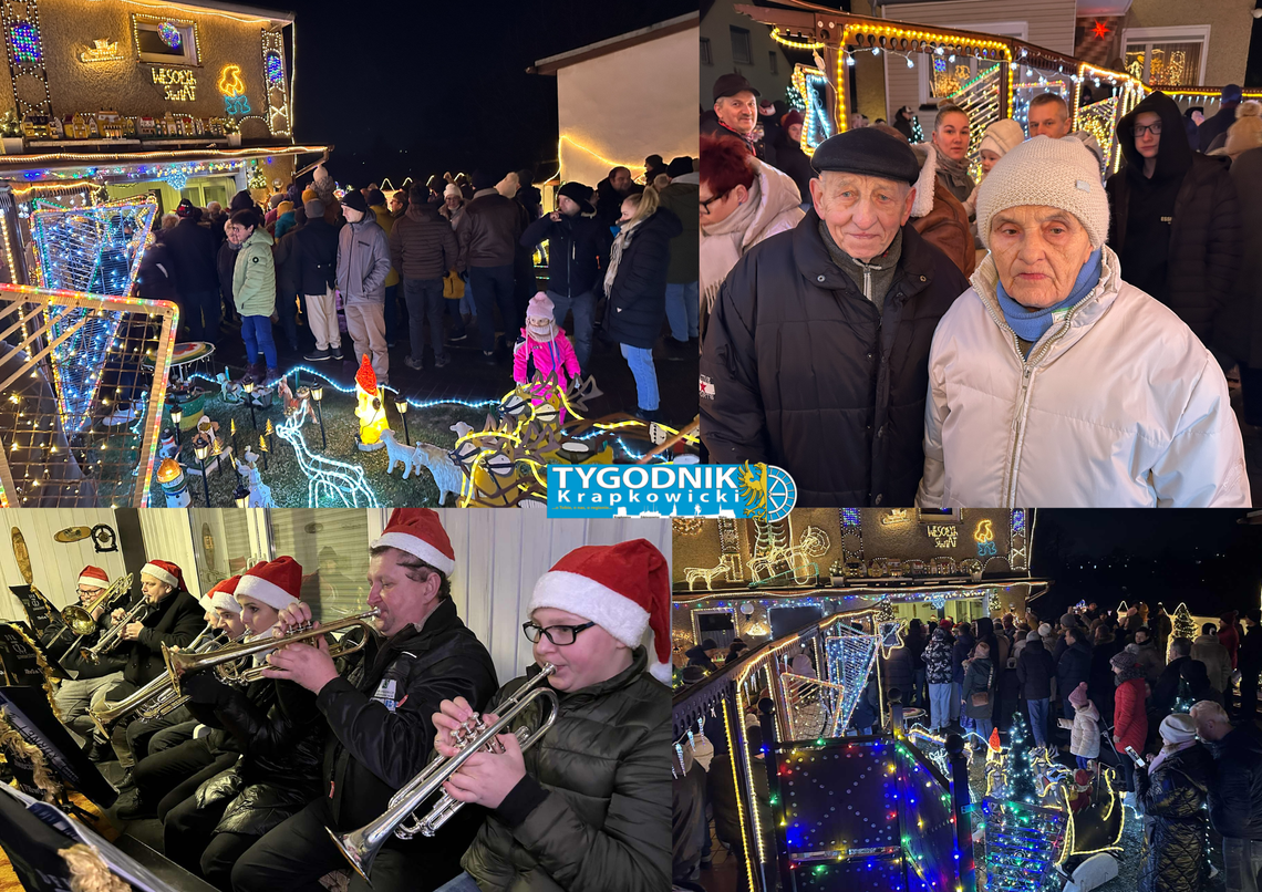Na zdjęciu Koncert kolęd Oder Blass Band w garażu państwa Jaschików w Otmęcie przy ulicy Chrobrego 77 – tłum ludzi na podwórku i świąteczna iluminacja