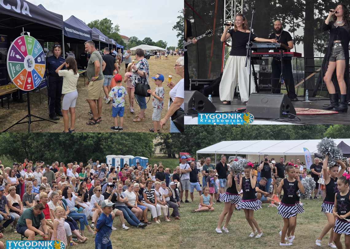 Piknik służb mundurowych przy Marinie w Krapkowicach. Mieszkańcy oglądają policyjny sprzęt, radiowozy i pokazy funkcjonariuszy podczas Święta Policji.