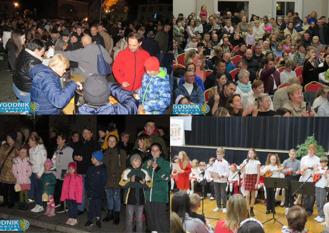 Na zdjęciu Barwny pochód mieszkańców Strzeleczek z postacią Świętego Marcina, muzyką i ogniskiem podczas obchodów 11 listopada 2025.