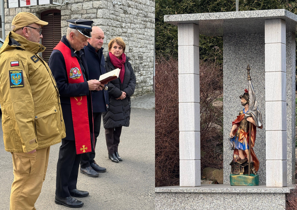 Odnowiona kapliczka św. Floriana w Komendzie Powiatowej PSP w Krapkowicach
