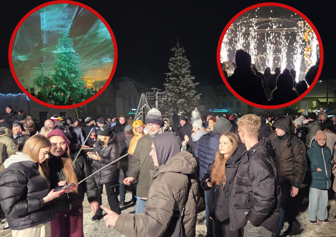 Sylwester na Rynku w Strzeleczkach – tłumy mieszkańców, scena, lasery i wspólne powitanie Nowego Roku