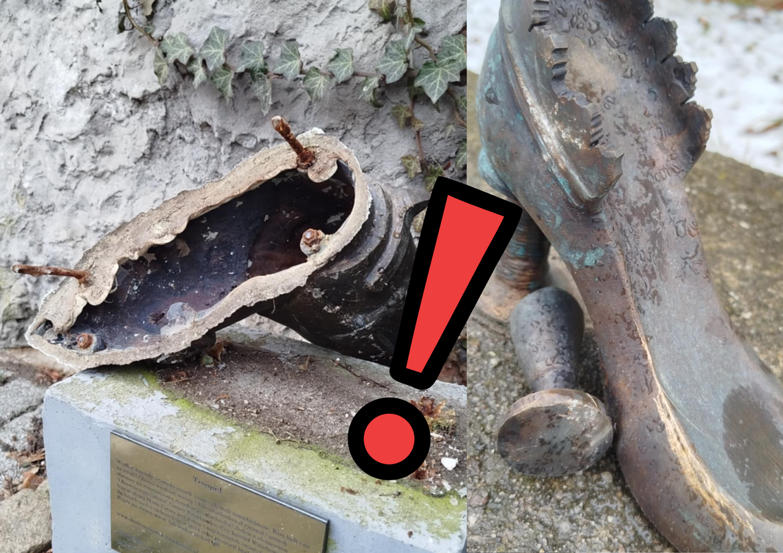 Rzeźba „Tampel” w Otmęcie uszkodzona w wyniku aktu wandalizmu – element Obuwniczego Szlaku.
