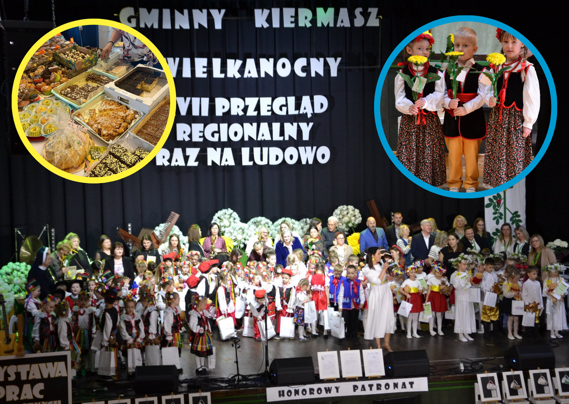 Dzieci w ludowych strojach tańczą na scenie podczas przeglądu „Raz na ludowo” w Zdzieszowicach.