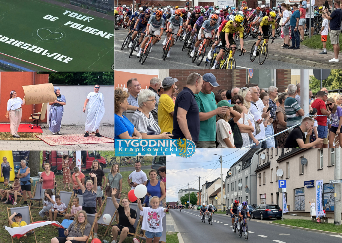 Peleton Tour de Pologne przejeżdża przez miejscowość w powiecie krapkowickim, a mieszkańcy kibicują kolarzom przy trasie.