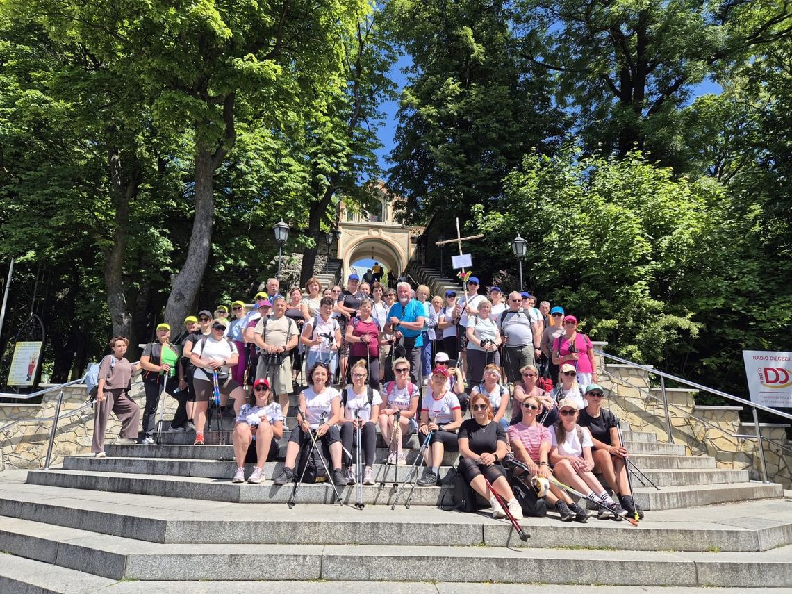 Uczestnicy XVII Diecezjalnej Pielgrzymki Entuzjastów Nordic Walking maszerują z kijkami z Gogolina na Górę Świętej Anny.