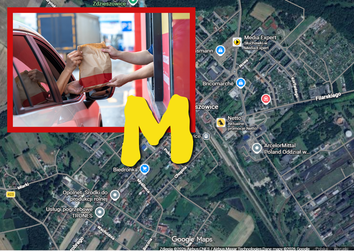 Symboliczne złote łuki McDonald’s na tle centrum Zdzieszowic – możliwa lokalizacja restauracji fast food